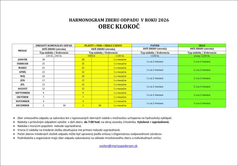 Harmonogram zvozu odpadu 2026&nbsp;- Obec Klokoč